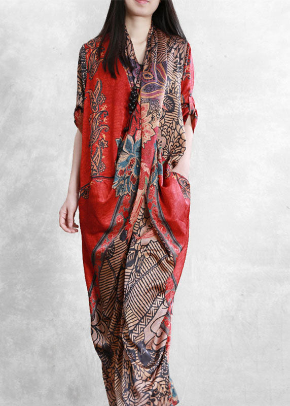 Red Asymmetrical Pockets Print Patchwork Silk Long Dress Summer