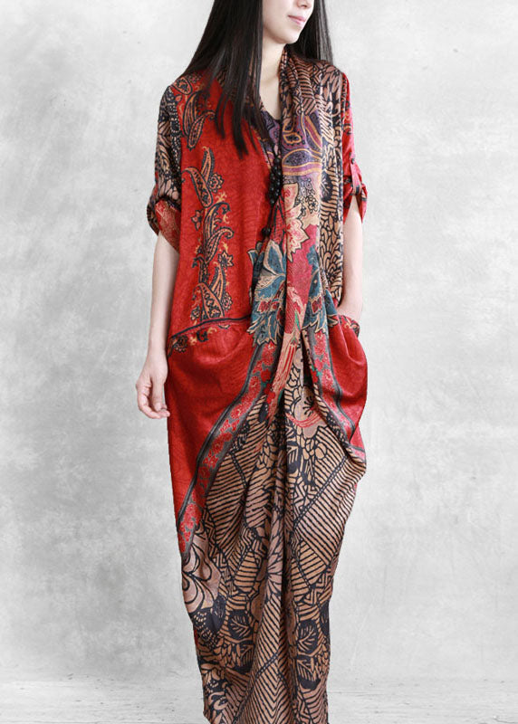 Red Asymmetrical Pockets Print Patchwork Silk Long Dress Summer