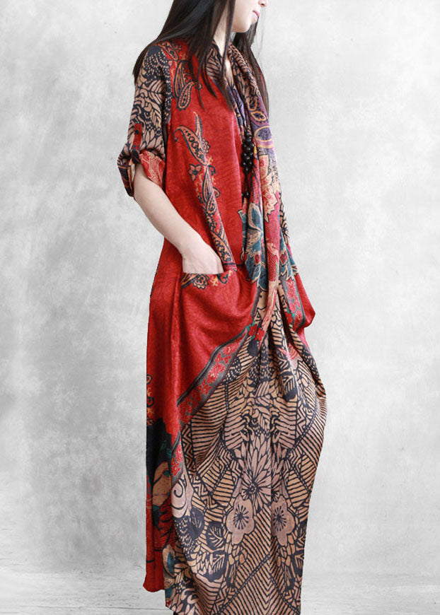 Red Asymmetrical Pockets Print Patchwork Silk Long Dress Summer