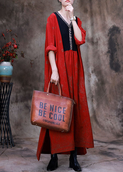 Red Asymmetrical Print Velour Robe Dresses Spring