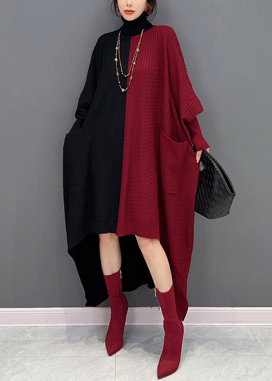 Red Black Hign Neck Asymmetrical Patchwork Knit Dresses Batwing Sleeve