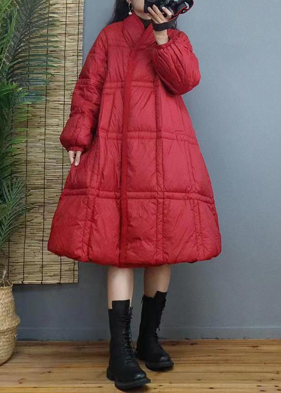 Red Button Patchwork Duck Down Long Coat Winter