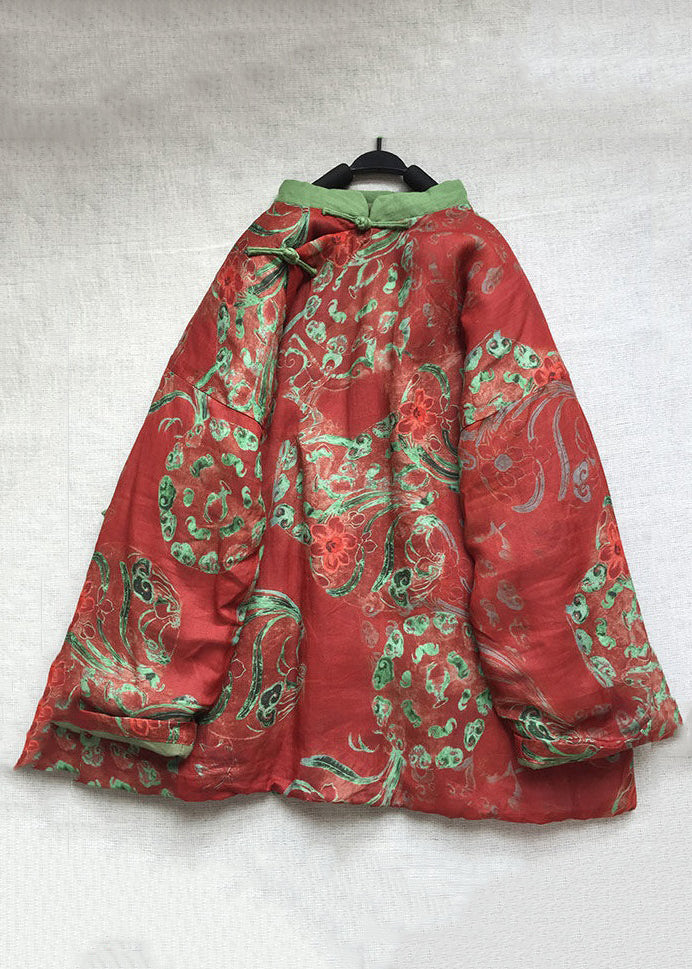 Red Button Print Cotton Filled Coats Long Sleeve