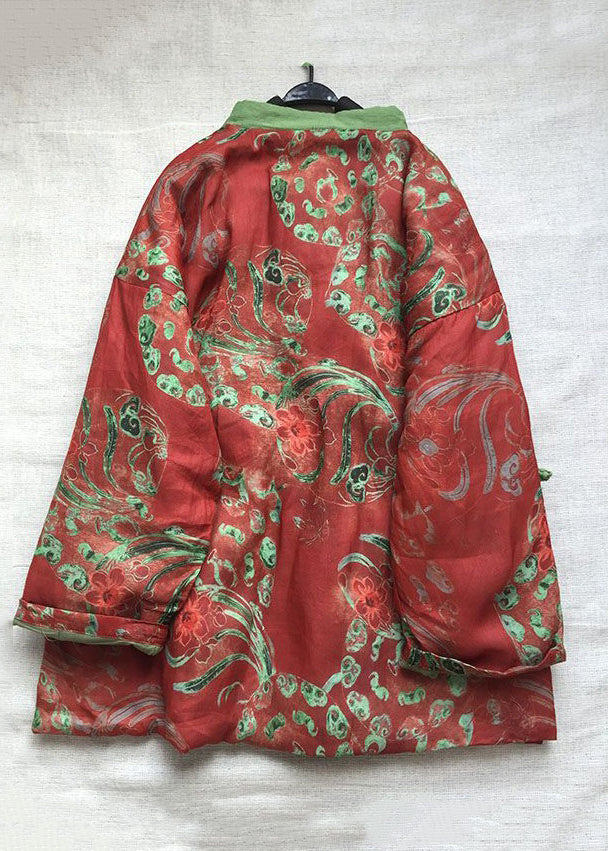 Red Button Print Cotton Filled Coats Long Sleeve