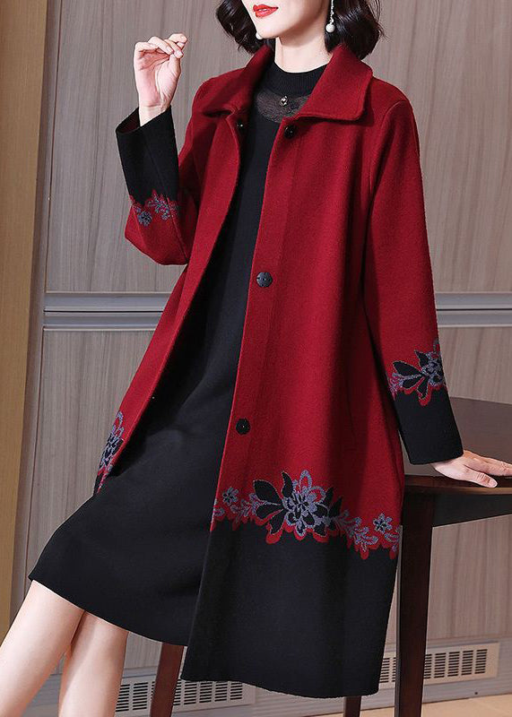 Red Button Print Patchwork Cotton Knit Coats Long Sleeve