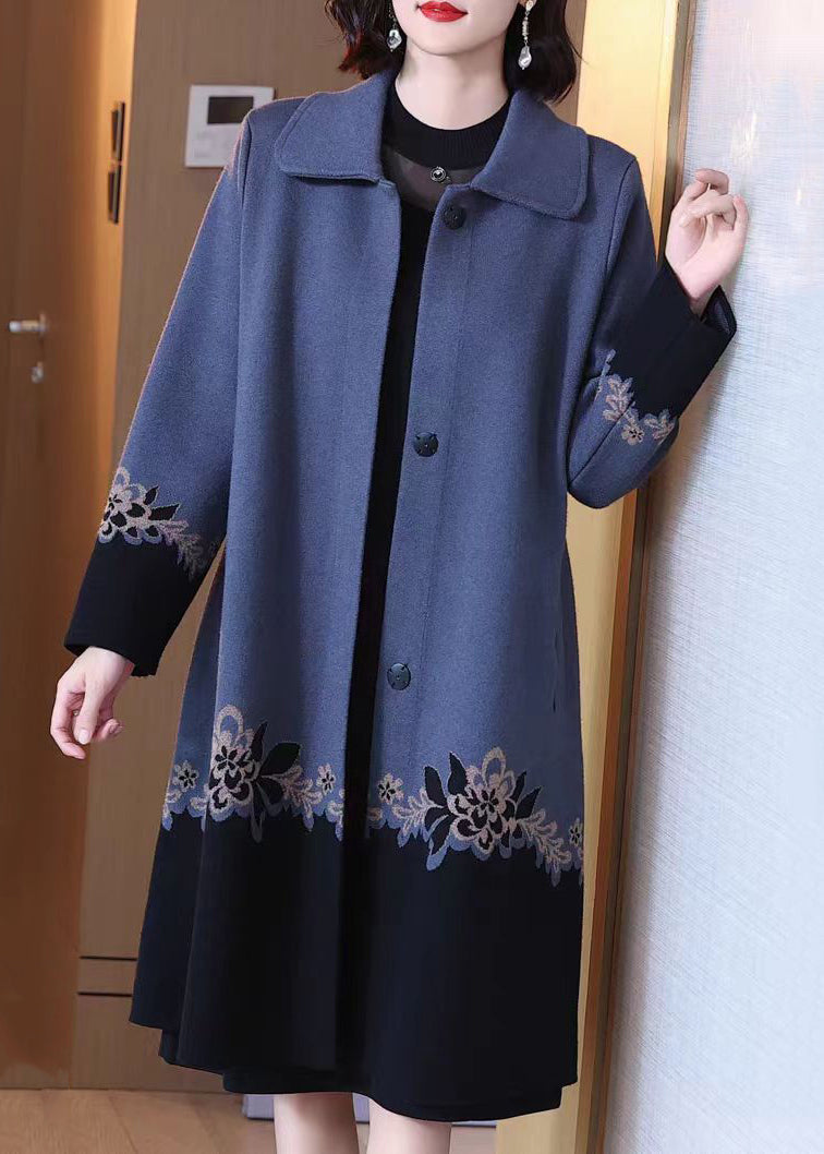 Red Button Print Patchwork Cotton Knit Coats Long Sleeve
