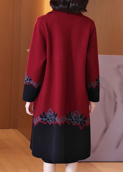 Red Button Print Patchwork Cotton Knit Coats Long Sleeve