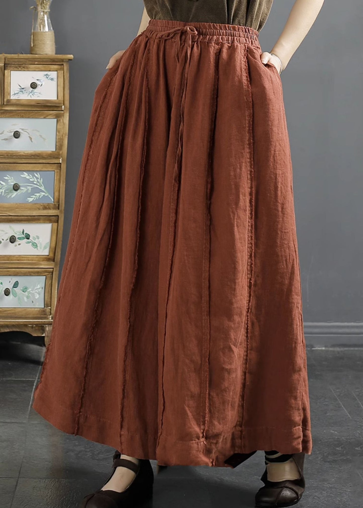 Red Elastic Waist Lace Up Linen Wide Leg Pants Fall