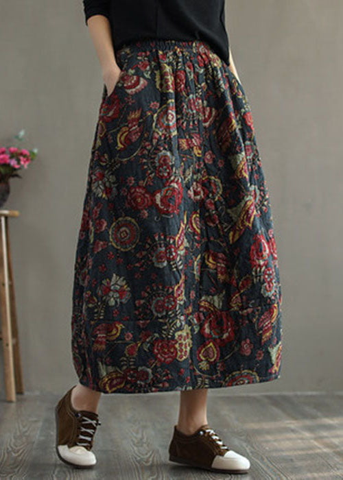 Grey- Elastic Waist Patchwork Print Fine Cotton Filled Skirt Winter