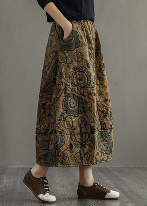Grey- Elastic Waist Patchwork Print Fine Cotton Filled Skirt Winter