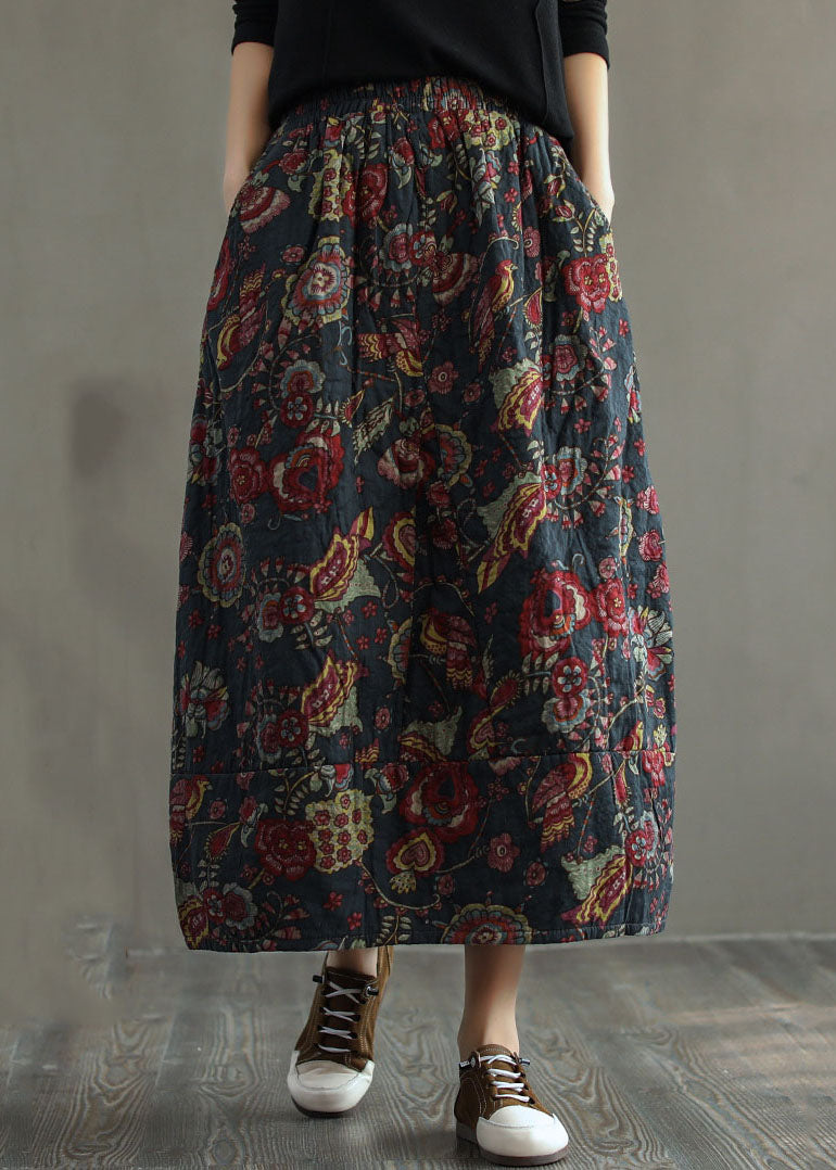 Grey- Elastic Waist Patchwork Print Fine Cotton Filled Skirt Winter