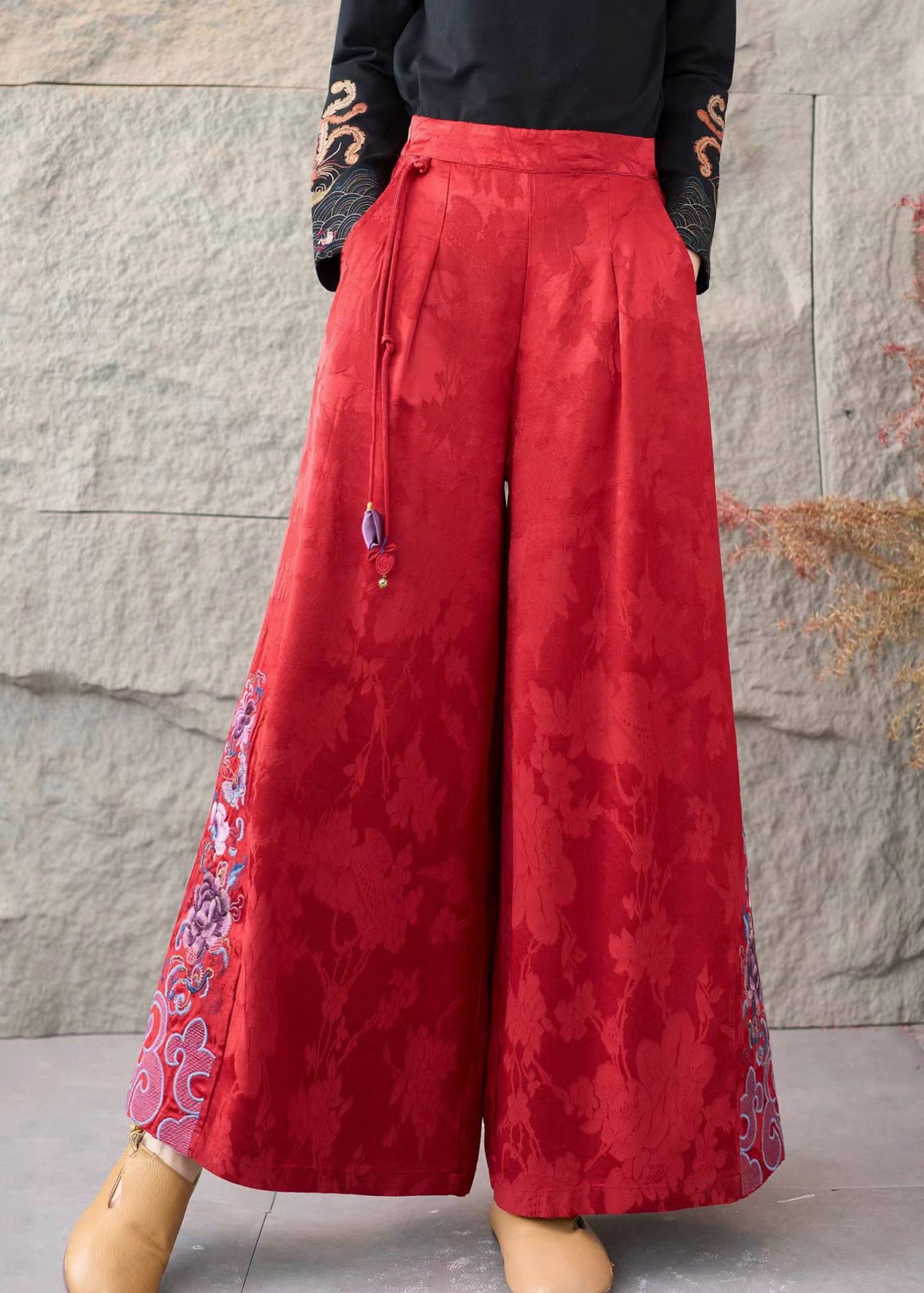 Red Embroidered Jacquard Silk Straigh Pants Spring
