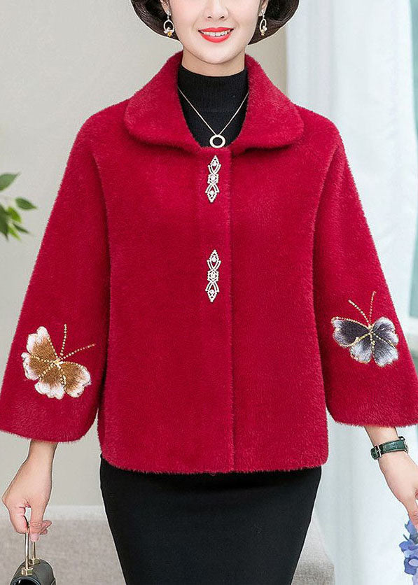 Red Embroideried Thick Mink Hair Knitted Coats Winter