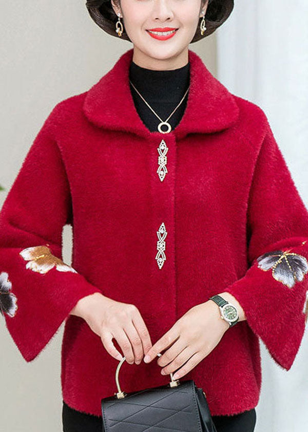 Red Embroideried Thick Mink Hair Knitted Coats Winter