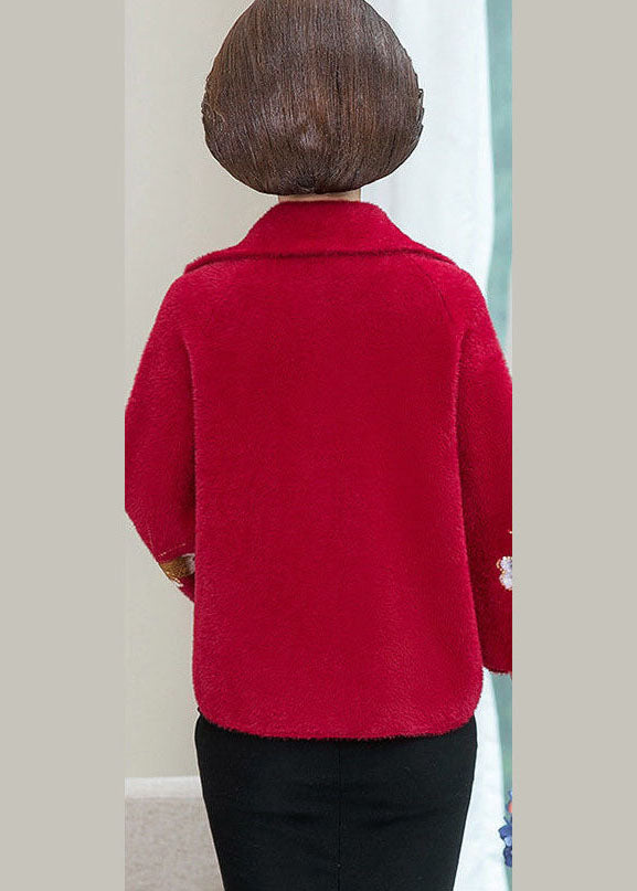Red Embroideried Thick Mink Hair Knitted Coats Winter