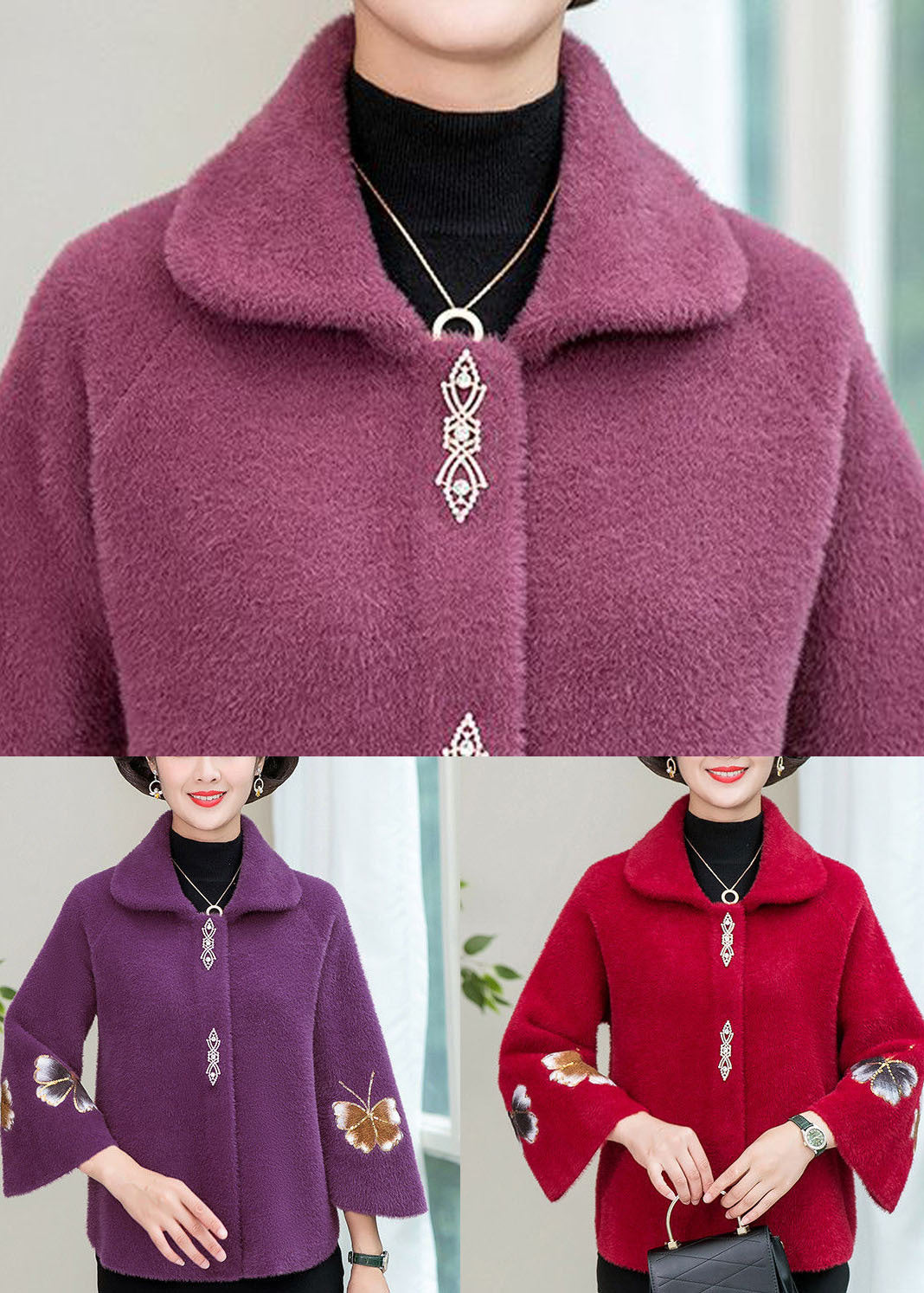 Red Embroideried Thick Mink Hair Knitted Coats Winter