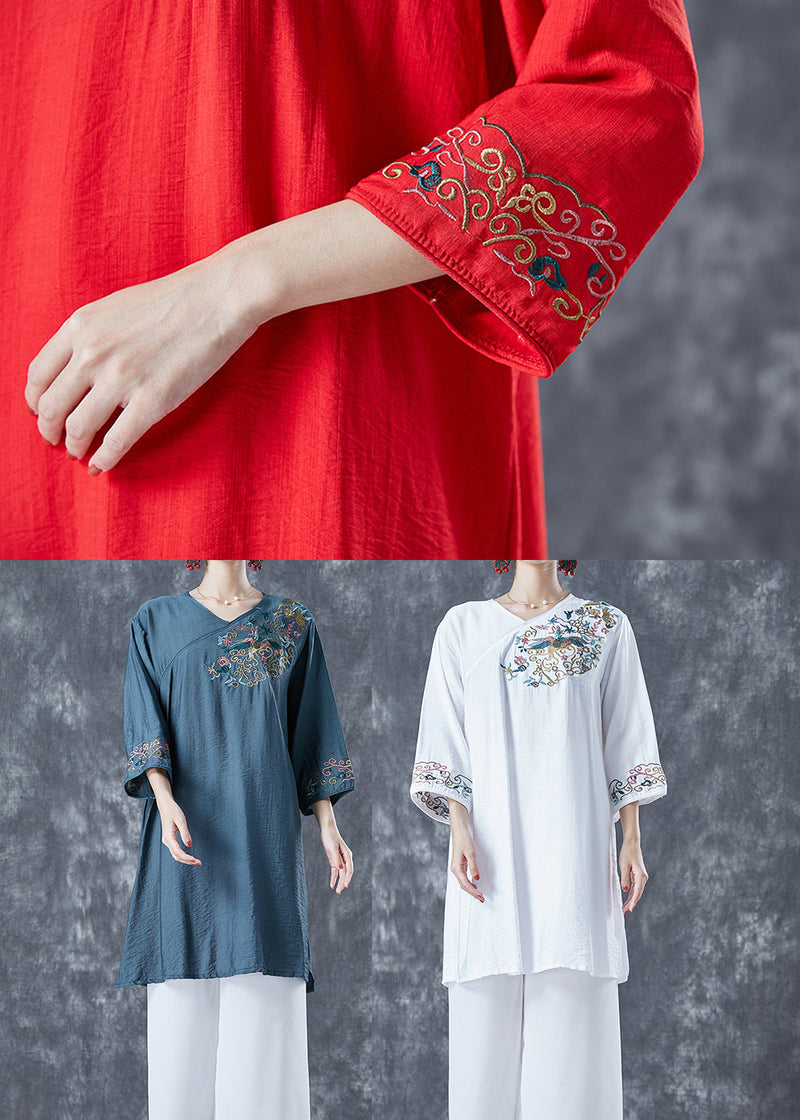 Red Embroideried Linen Party Dress Bracelet Sleeve