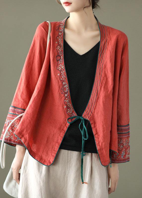 Women Red-Floral pattern Embroideried Long sleeve Linen Shirt