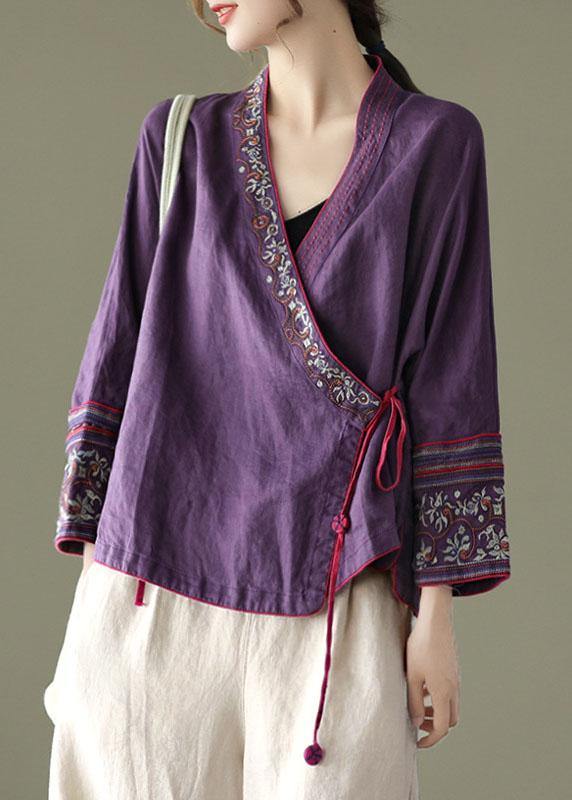 Plum Embroidered Long Sleeve Linen Shirt