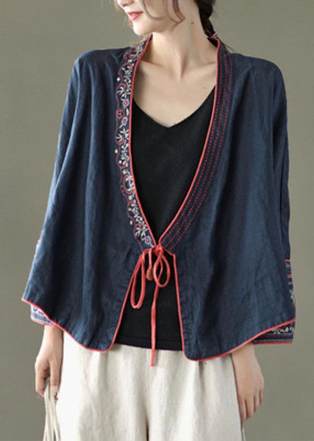 Women Crane pattern Embroideried Long sleeve Linen Shirt