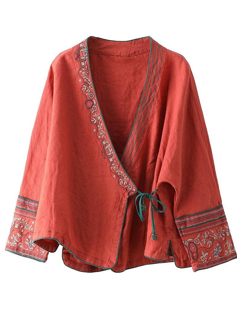 Women Crane pattern Embroideried Long sleeve Linen Shirt