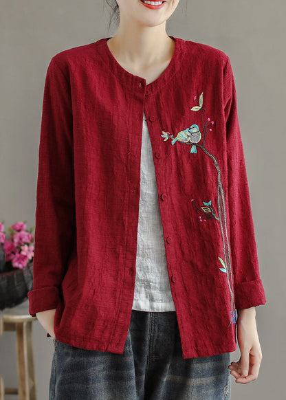 Red Embroideried Patchwork Cotton Cardigans Coats Spring