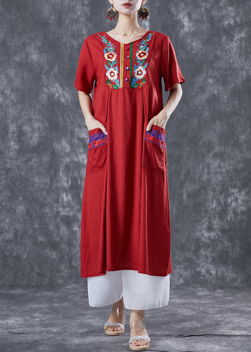 Red Embroideried Patchwork Linen Dress Summer
