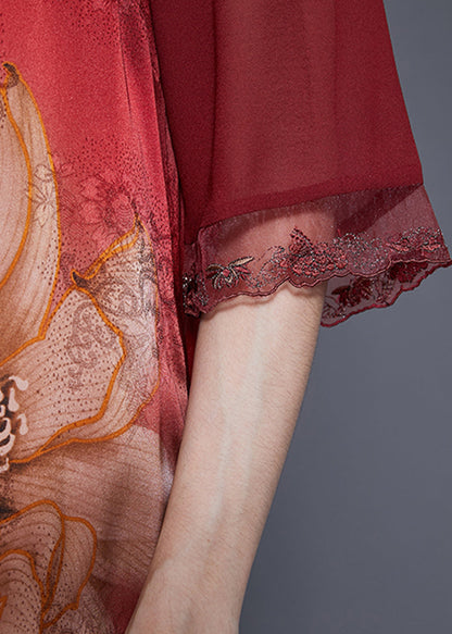Red Embroideried Patchwork Tassel Silk Dress Half Sleeve