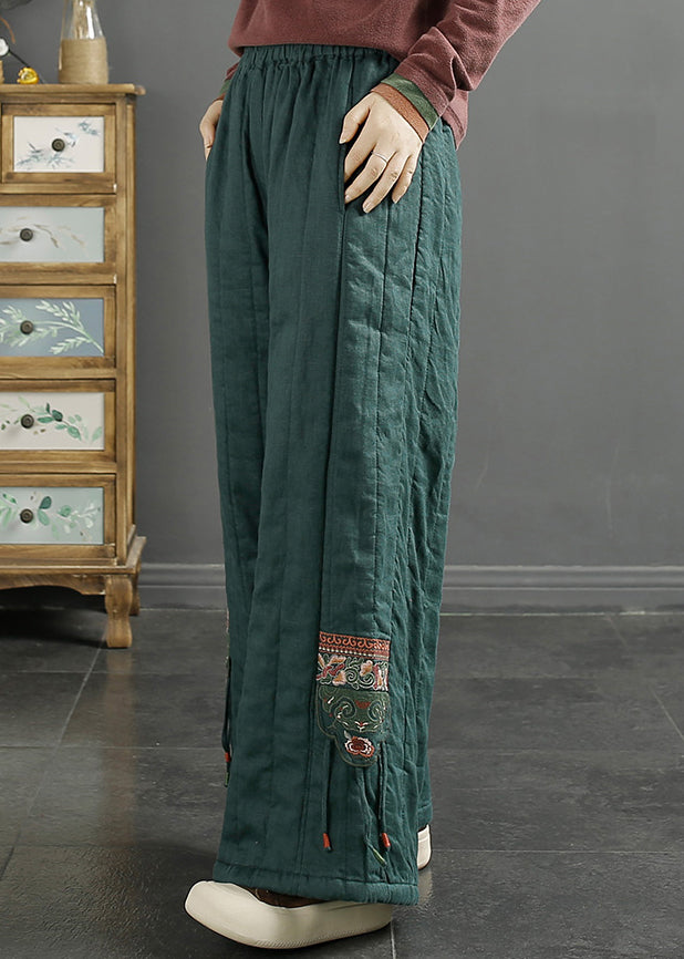 Red Embroidered Pockets Fine Cotton Filled Wide Leg Pants Winter