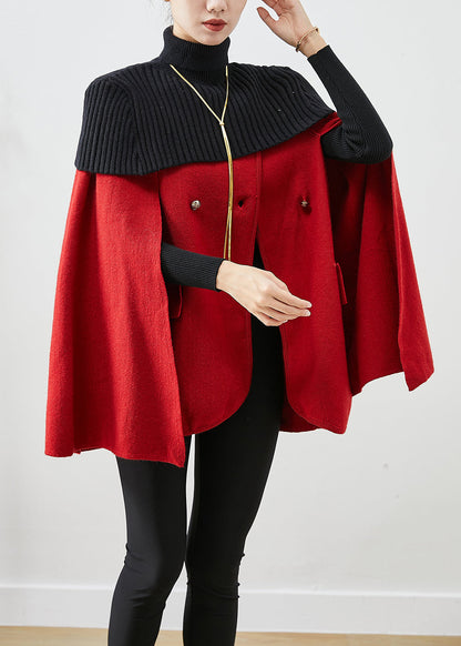 Red High Neck Knit Patchwork Woolen Coats Cloak Sleeves