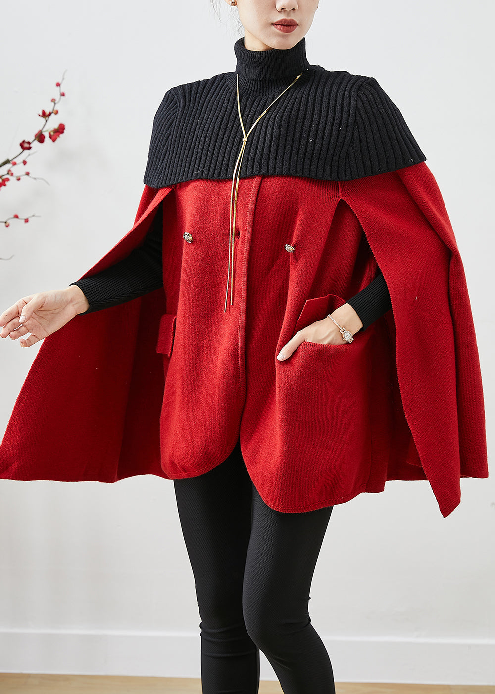 Red High Neck Knit Patchwork Woolen Coats Cloak Sleeves