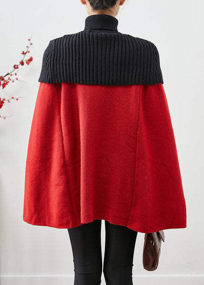 Red High Neck Knit Patchwork Woolen Coats Cloak Sleeves