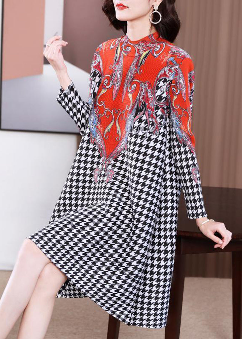 Red High Neck Plaid Wrinkled a Line Dress Spring