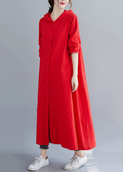 Red Hooded Button Patchwork Cotton Shirts Maxi Dresses Fall