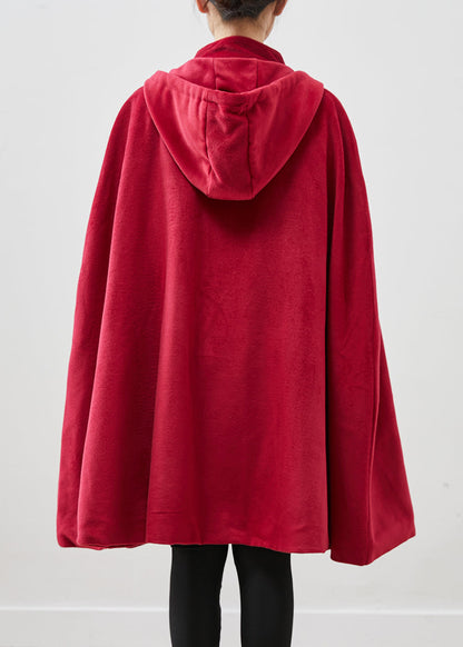 Red Hooded Chinese Button Warm Fleece Coats Cloak Sleeves