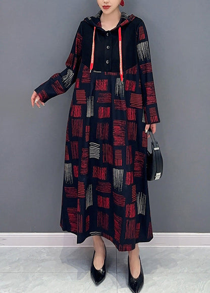 Red Hooded Plaid Patchwork Cotton Long Dress Fall