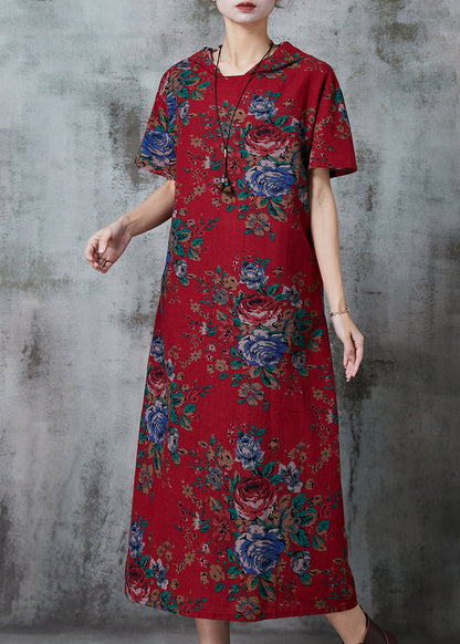 Red Hooded Print Cotton Long Dress Summer