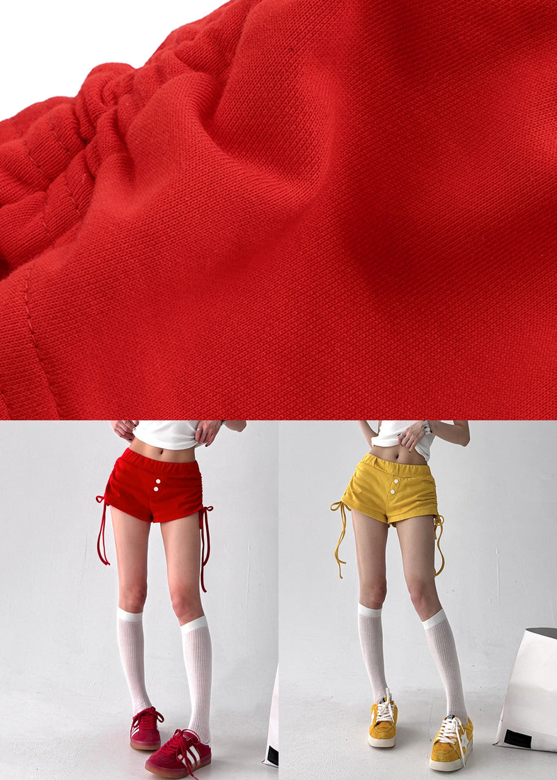 Red Lace Up Elastic Waist Cotton Shorts Summer