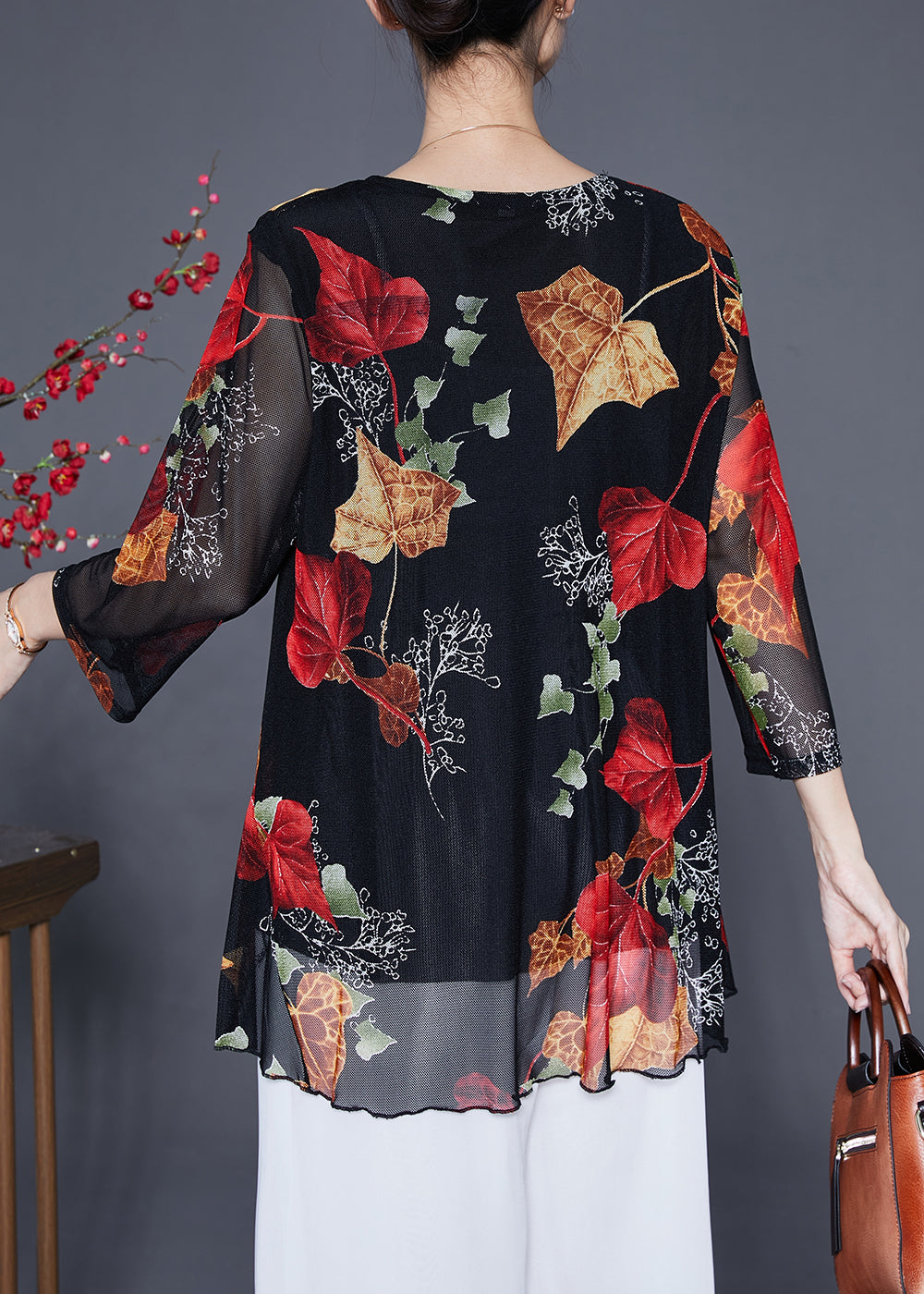 Red Leaf Print Zircon Chiffon Tops Bracelet Sleeve