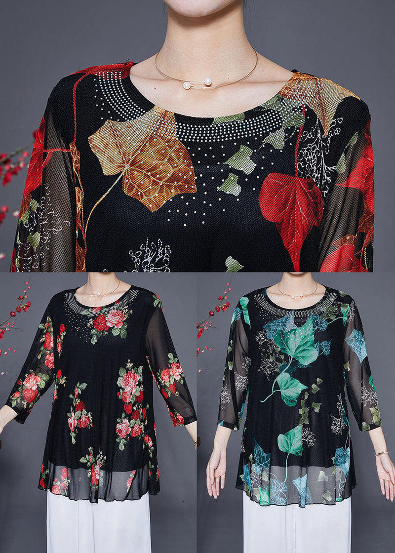Red Leaf Print Zircon Chiffon Tops Bracelet Sleeve
