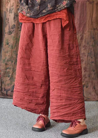 Red Loose Pockets Linen Wide Leg Pants Summer