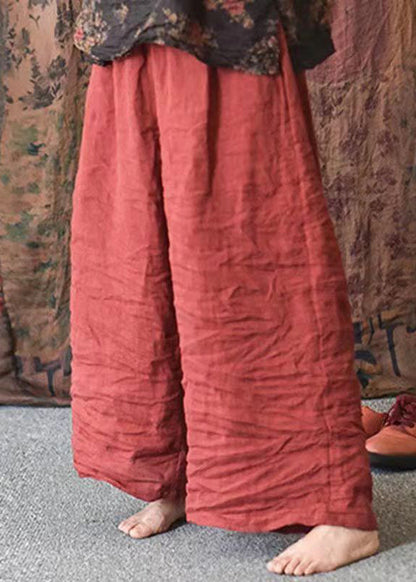 Red Loose Pockets Linen Wide Leg Pants Summer