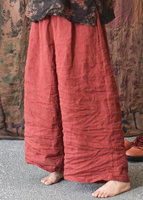 Red Loose Pockets Linen Wide Leg Pants Summer