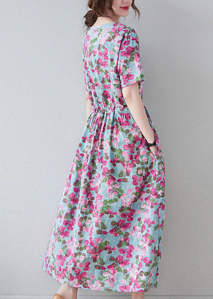 Red O-neck Cinched Print Cotton Cinch Dress Short Sleeve
