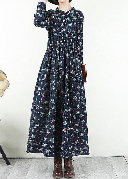 Red O-neck Cinched Print Warm Fleece Long Dresses Long Sleeve