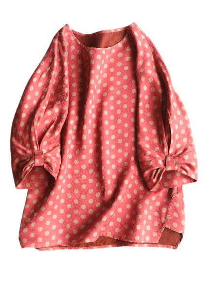 Red O-neck Dot Silk T Shirt Half Sleeve