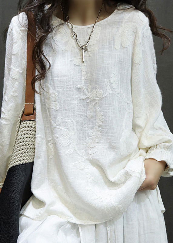 Red O Neck Embroidered Linen Shirt Tops Lantern Sleeve