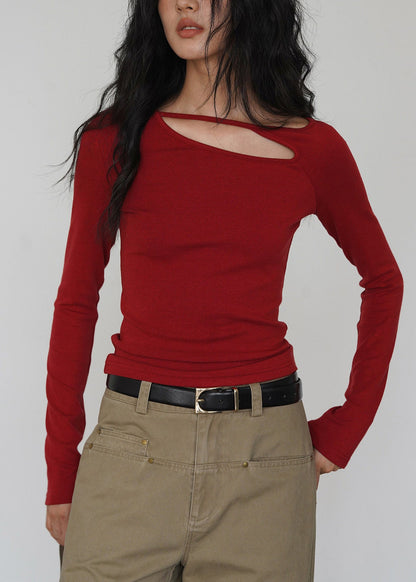 Women Red O Neck Hollow Out Cotton T Shirt Top Spring