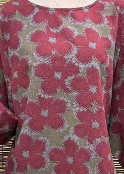Red O-neck Oversized Print Linen Shirt Bracelet Sleeve