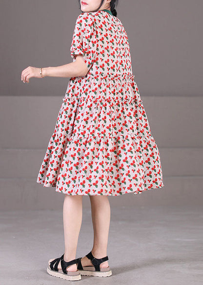 Red O-neck Patchwork Print Cotton a Line Dress Short Sleeve